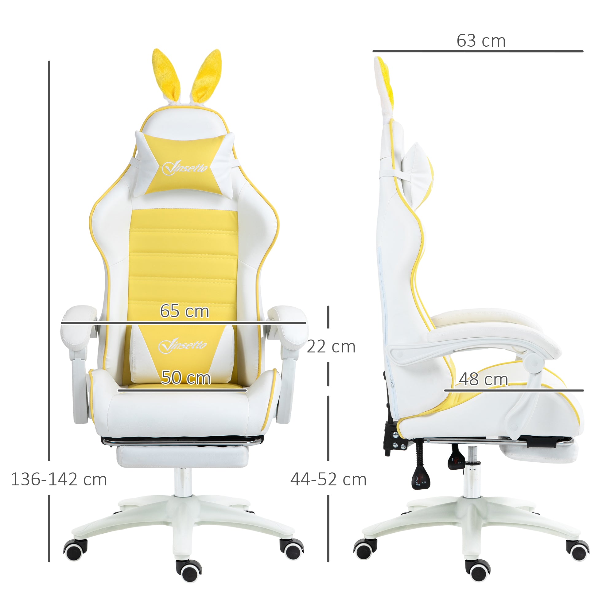 Vinsetto Reclining Racing Gaming Chair with Headrest and Lumber Support, PU Leather Computer Chair with Removable Rabbit Ears, Footrest, Yellow